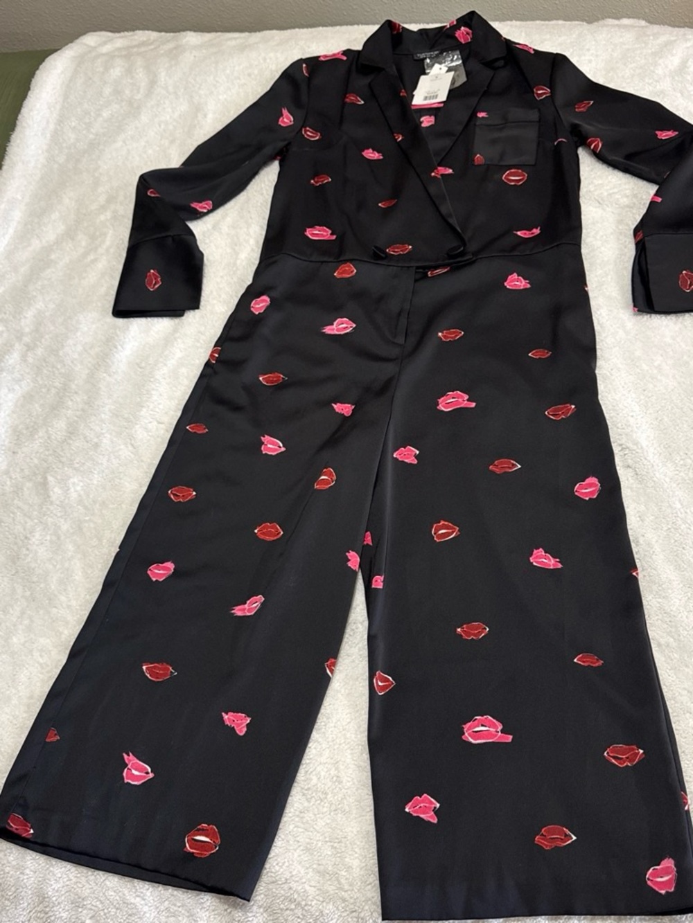 Topshop Black Wide-Leg Jumpsuit with Pink & Red Lip Print
